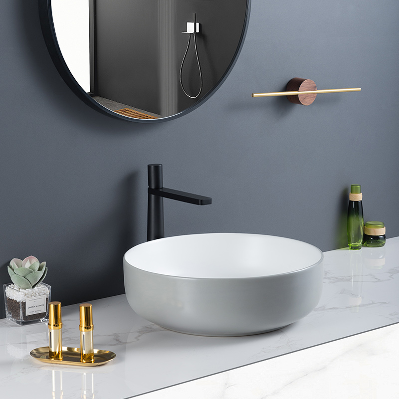 Luxury Design Round Ceramic Bathroom Grey Vessel Sink With Matte Glazed Surface